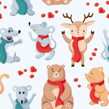 Seamless Christmas pattern background with animals and holiday attributes Stock Illustration