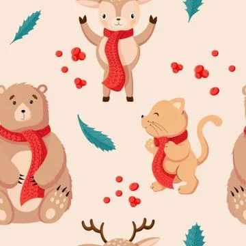 Seamless Christmas pattern background with animals and holiday attributes Stock Illustration