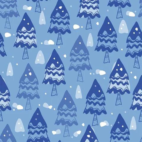 Seamless christmas pattern background with blue pine tree and white snowflake Illustrazione stock