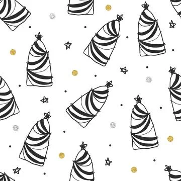 Seamless christmas pattern background with doodle hand draw black pine tree a Stock Illustration