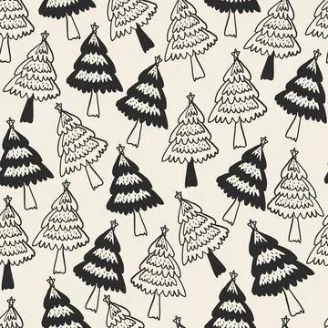 Seamless christmas pattern background with doodle hand draw monochrome pine t Stock Illustration