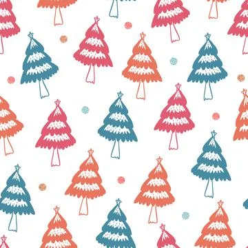 Seamless christmas pattern background with hand draw multicolour pine tree an Illustrazione stock