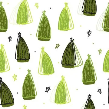 Seamless christmas pattern background with hand draw green pine tree and star Stock Illustration