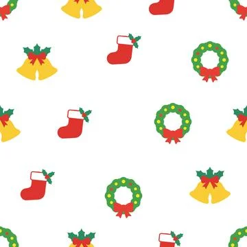 Seamless Christmas pattern with bells, socks, and wreaths on white background Stock-Illustration
