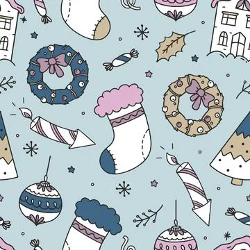 Seamless Christmas Pattern on Blue Background Vector Doodle Christmas Illustrazione stock