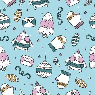 Seamless Christmas Pattern on Blue Background Vector Doodle Christmas Stock Illustration