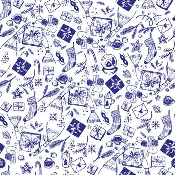 Seamless Christmas pattern of blue elements with a line on a white background Stockillustratie