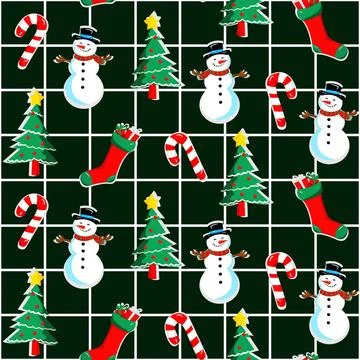 Seamless Christmas pattern in a cage of snowmen Christmas trees, candy cane.. Illustrazione stock