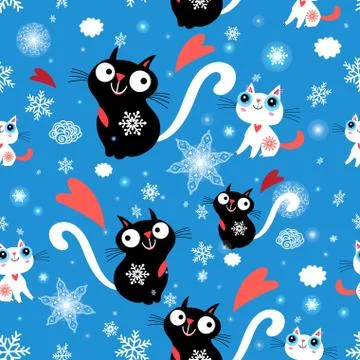 Seamless christmas pattern of cats and snowflakes Stock Illustration