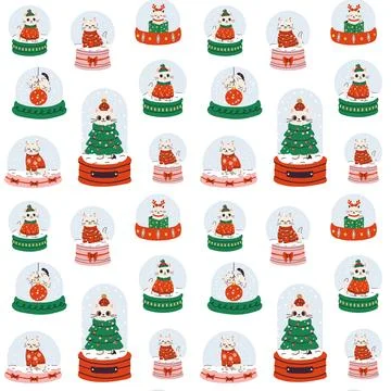 Seamless Christmas Pattern with Cats in Snow Globes Stock-Illustration