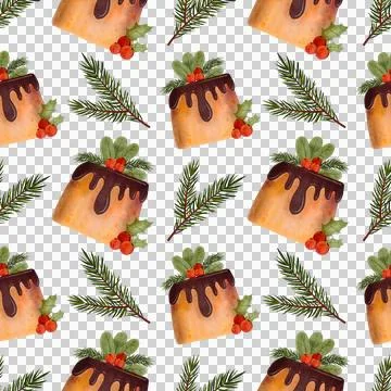 Seamless Christmas pattern with chocolate cake and fir branches. Christmas pie Stock Illustration