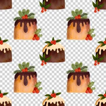 Seamless Christmas pattern with chocolate cake. Christmas pie decorated icing Stock Illustration