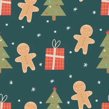 Seamless Christmas pattern with Christmas tree, gingerbread man and gifts. Stock Illustration