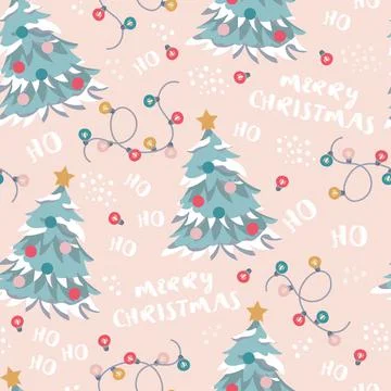 Seamless christmas pattern christmas tree and inscription merry christmas Stock Illustration