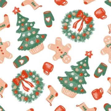 Seamless christmas pattern with christmas tree, gingerbread cookies and wreaths イラスト素材