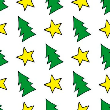 Seamless christmas pattern of christmas trees, stars and snowflakes. Seamless Stock Illustration