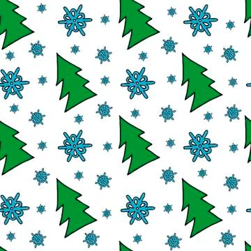 Seamless christmas pattern of christmas trees, stars and snowflakes. Seamless Stock Illustration