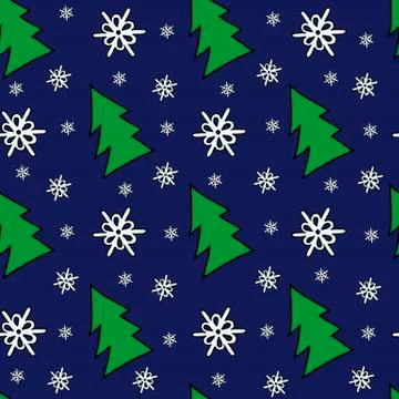 Seamless christmas pattern of christmas trees, stars and snowflakes. Seamless Stock Illustration