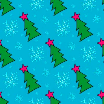 Seamless christmas pattern of christmas trees, stars and snowflakes. Seamless Illustrazione stock