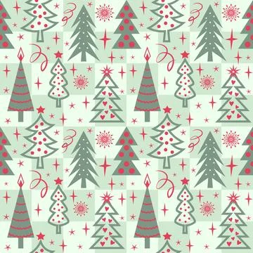 Seamless Christmas pattern with Christmas trees and decorations Stock Illustration