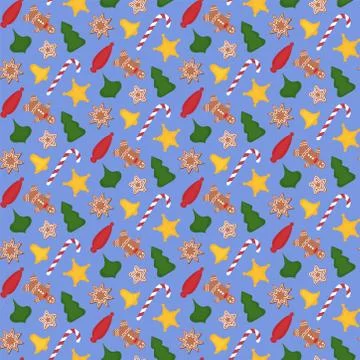 Seamless christmas pattern consisting of gingerbread cookies, striped sweets 스톡 일러스트