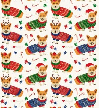 Seamless Christmas Pattern with Corgis. Stock Illustration