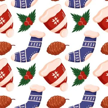 Seamless Christmas pattern with cozy sock, Santa hat, pine cone and holly leaf Illustrazione stock