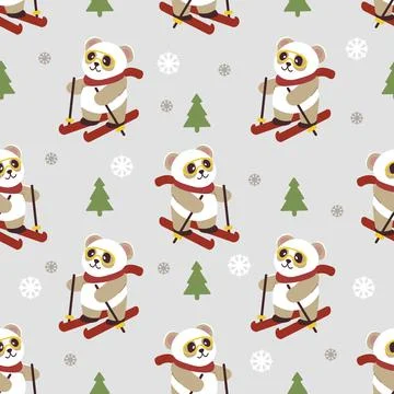 Seamless christmas pattern cute bear skiing in illustration Stock Illustration