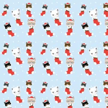 Seamless Christmas pattern with cute cartoon cats in socks.. イラスト素材