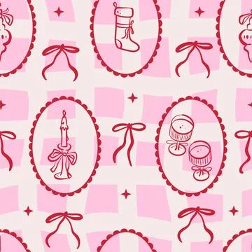 Seamless Christmas pattern with cute decorative cameo frames, bows, and festive Stock Illustration