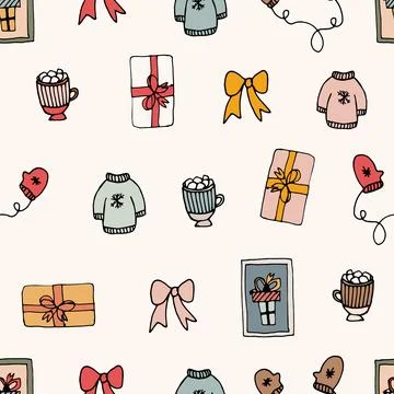 Seamless Christmas pattern with cute doodle elements. Stock Illustration