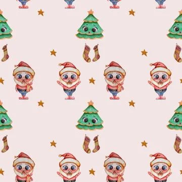 Seamless Christmas pattern. Cute old man Santa Claus with a gift and raised h Stock Illustration