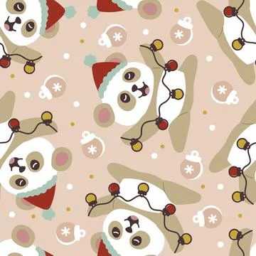 Seamless christmas pattern cute panda wearing santa hat with garland Stock Illustration