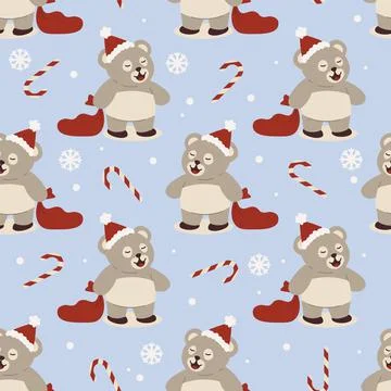 Seamless christmas pattern cute teddy bear in santa hat and sack with gifts Stock Illustration