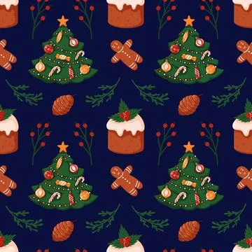 Seamless Christmas pattern with decorated tree, gingerbread cookie, cake, pine Stock Illustration