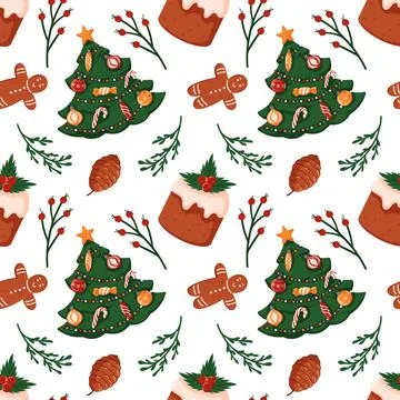 Seamless Christmas pattern with decorated tree, gingerbread cookie, cake, pine Illustrazione stock