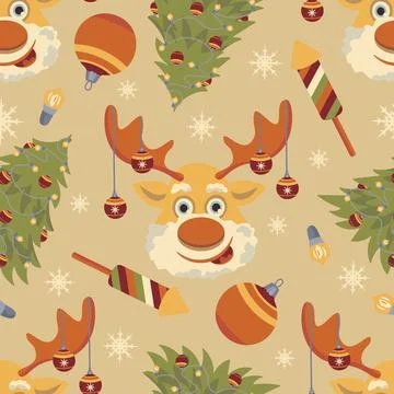 Seamless Christmas pattern deer and Christmas trees Stock Illustration
