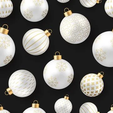 Seamless Christmas Pattern Design with Realistic White and Gold Baubles, pe.. Stock Illustration