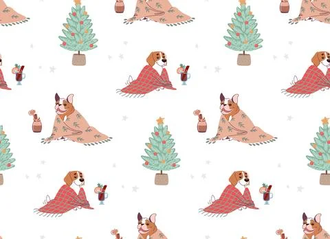 Seamless Christmas pattern with dogs and Christmas trees. Vector in flat style イラスト素材