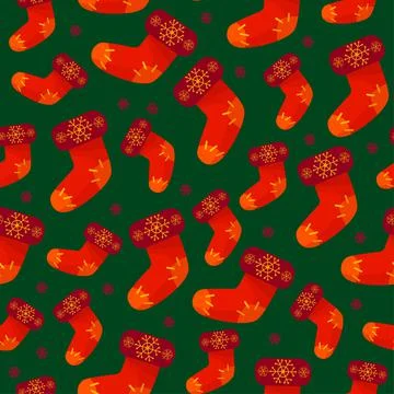 Seamless Christmas pattern. Elegant Christmas socks, green background. Stock Illustration