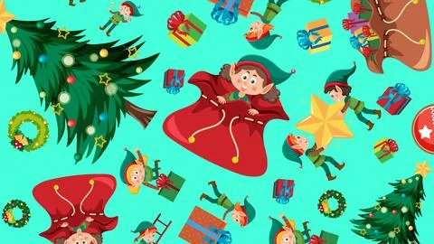 Seamless Christmas Pattern with Elves Trees and Wrapped Gifts Stock-Illustration