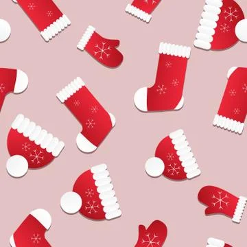 Seamless christmas pattern. endless texture with red hats, mittens and socks. Illustrazione stock