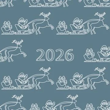 Seamless Christmas pattern features Santa riding sleigh pulled by reindeer,.. Stock Illustration