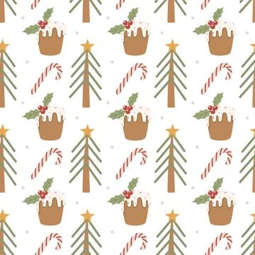 Seamless Christmas Pattern with Festive Cake, Candy Canes and Holiday Trees Illustrazione stock