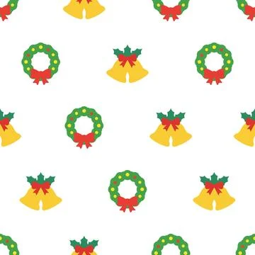 Seamless Christmas pattern with festive wreaths and golden bells on white b.. Stockillustratie