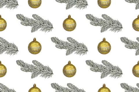 Seamless Christmas pattern with fir branches and Christmas toys on a white  Stock Illustration