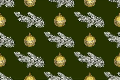 Seamless Christmas pattern with fir branches and Christmas toys on a green  Stock Illustration