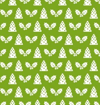 Seamless Christmas pattern fir tree and holly berry Stock Illustration