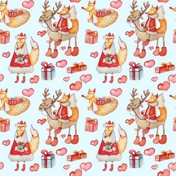 Seamless Christmas pattern with foxes and reindeers on a blue background. Stock Illustration