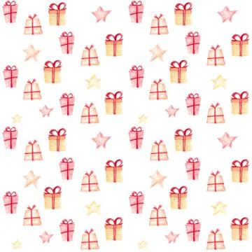 Seamless Christmas pattern with gift boxes and stars. Stock Illustration